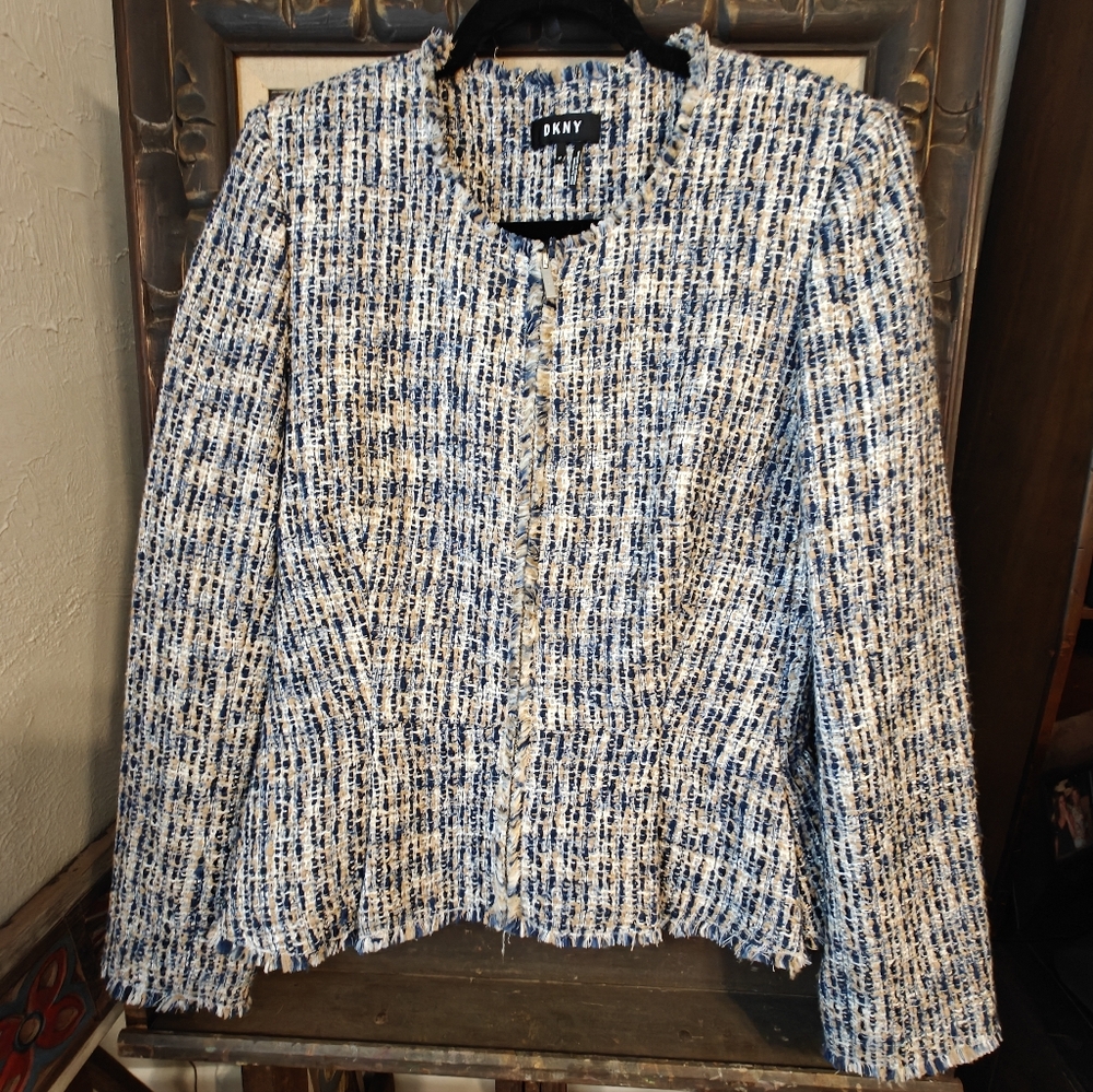 DKNY Blue and White Tweed Collarless Blazer